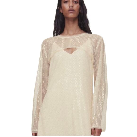 ZARA Sheer Mesh Cream Sequin Beaded Crop Top Shrug Bolero M - Picture 8 of 8